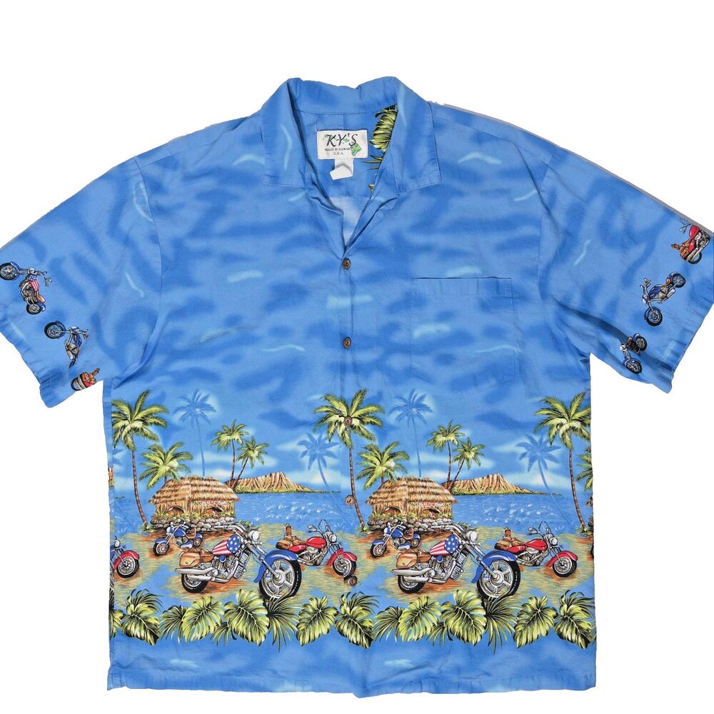 KY's Motorcycle American Flag Hawaiian Aloha Shirt Blue Made in Hawaii Men XL
